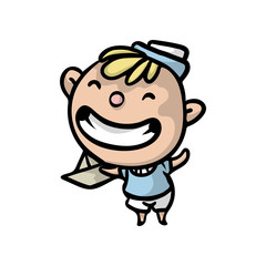 Cute blonde kid with marine clothes with paper ship