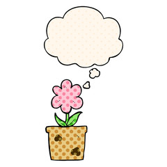 cute cartoon flower and thought bubble in comic book style