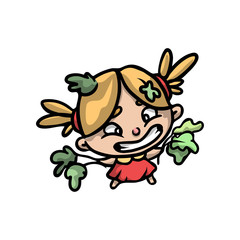 Cute funny blonde girl in red dress with green leaves