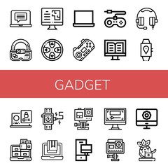 Set of gadget icons such as Laptop, Ar, Computer, Gamepad, Game console, Headphone, Smartwatch, Action camera , gadget