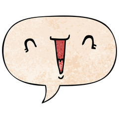 cute cartoon face and speech bubble in retro texture style