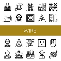 Set of wire icons such as Clip, Iron, Earth grid, Detective, Bridge, Socket, Military base, Voltage, Power strip, Electrician, Vga, Zip line, Power transformer, Mouse, Data cable , wire