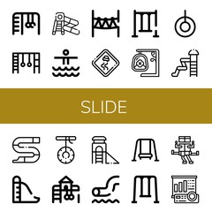 Set of slide icons such as Monkey bars, Water slide, Waterpark, Rope park, Slippery road, Swing, Slide, Playground, Projector screen ,