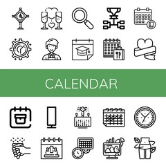 Set of calendar icons such as Clock, Romantic, Planner, Active, Calendar, Schedule, Wedding, Delivery date, Paper lamp, Office, Diet , calendar