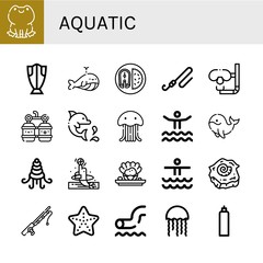 Set of aquatic icons such as Frog, Cod, Whale, Fish, Fishing rod, Dive, Oxygen, Dolphin, Jellyfish, Waterpark, Shellfish, Shell, Starfish, Oxygen tank , aquatic