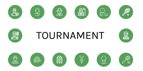 Set of tournament icons such as Waterpolo, Soccer player, Golfer, Golf ball, Tennis, Referee, Cricket stump, Tee, Badminton , tournament