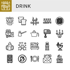 Set of drink icons such as Bar, Birthday, Toast, Dinner table, Bottle, Bean toasting, Wedding day, Cezve, Juicer, Electric mixer, Wedding, Sippy cup, Beer, Hotel, Coffee grinder , drink