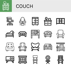 Set of couch icons such as Nightstand, Chair, Dressing table, Closet, Bedside table, Divan, Sofa, Armchair, Furniture , couch