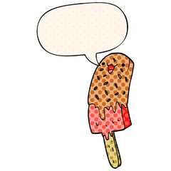 cute cartoon happy ice lolly and speech bubble in comic book style