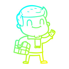cold gradient line drawing cartoon friendly man with xmas gift