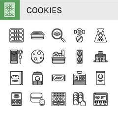 Set of cookies icons such as Candy, Bread, Churros, Chocolate chip, Cookies, Bakery, Cookie jar , cookies