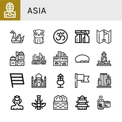 Set of asia icons such as Kendo, Origami, Panda bear, Om, Monument, Flag, Great wall of china, Skytrain, Pattaya, Cloud gate, Great buddha of thailand, Taj mahal, Mai thai , asia