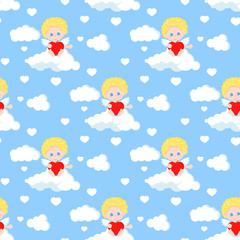 Obraz na płótnie Canvas Vector seamless romantic pattern with cute cupid sitting on clouds with red heart in his arms.