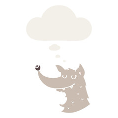 cartoon wolf and thought bubble in retro style