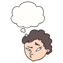 cartoon suspicious man and thought bubble