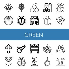 Set of green icons such as Visibility, Coconut, Dill, Ladybug, Cherry, Defibrillator, Golfer, Tick, Stink bug, Coral, Cross, Radish, Gmo, Plant, Wind turbine, Golf, Neutral , green