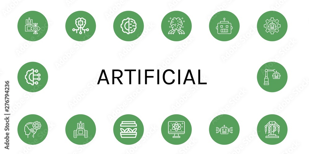 Poster set of artificial icons such as robot, artificial intelligence, ai, artificial light, quantum, robot