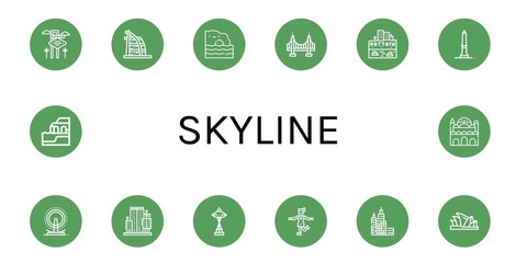 Set of skyline icons such as Las vegas, Burj al arab, Algarve, Golden gate, Pattaya, Washington monument, London eye, City garden tower, Space needle, Charleston, Skyscraper , skyline