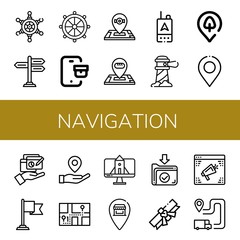 Set of navigation icons such as Helm, Signpost, Tracking, Location, Gps, Lighthouse, Park location, Report, Destination, Placeholder, Navigator, Website, Pin, Download , navigation