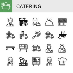 Set of catering icons such as Buffet, Waiter, Food truck, Cloche, Serve, Breakfast tray, Waitress, Bridesmaids, Bartender, Chef hat , catering