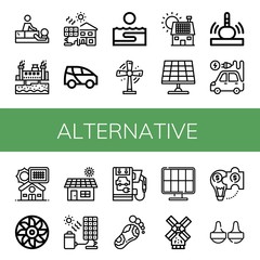 Set of alternative icons such as Massage, Geothermal energy, Solar cell, Electric car, Thalassotherapy, Turbine, Solar panel, Electric vehicle, Solar, Reflexology , alternative