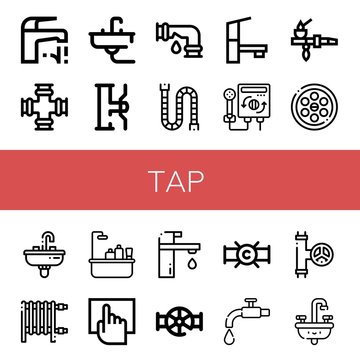 Set of tap icons such as Faucet, Pipe, Sink, Water tap, Leak, Tap, Heater, Drainage, Bathtub, Touchscreen, Valve ,