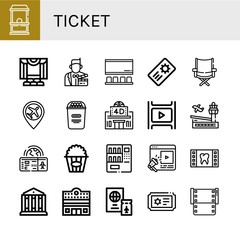 Set of ticket icons such as Ticket office, Theater, Actor, Cinema, Coupon, Directors chair, Airport, Popcorn, Movie theater, Film, Boarding pass, Vending machine, Entertainment , ticket