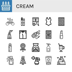 Set of cream icons such as Cake, Hand sanitizer, Toffee, Ice cream cart, Swimsuit, Candy, Dessert, Serum, Snack, Lipstick, Deodorant, Lollipop, Aromatherapy, Lotion, Latte , cream