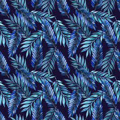 Naklejka na ściany i meble Seamless watercolor pattern with dark blue leaves on a dark background. Illustration for fabrics, posters, postcards, packaging paper, clothing