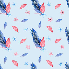 Seamless watercolor pattern with a composition of blue and pink leaves on a blue background. Illustration for fabrics, posters, postcards, packaging paper
