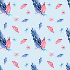 Seamless watercolor pattern with a composition of blue and pink leaves on a blue background. Illustration for fabrics, posters, postcards, packaging paper