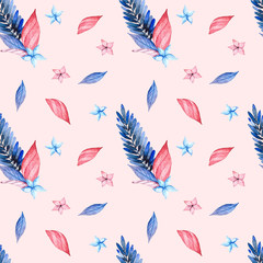 Fototapeta na wymiar Seamless watercolor pattern with a composition of blue and pink leaves on a pink background. Illustration for fabrics, posters, postcards, packaging paper
