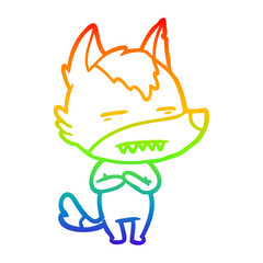 rainbow gradient line drawing cartoon wolf showing teeth