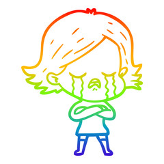 rainbow gradient line drawing cartoon girl crying