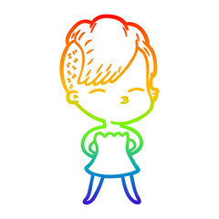 rainbow gradient line drawing cartoon squinting girl in dress