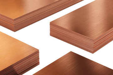 Copper sheets, rolled metal products. Isolated, clipping path included. 