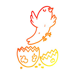 warm gradient line drawing cartoon bird hatching from egg