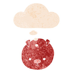 cartoon pig and thought bubble in retro textured style