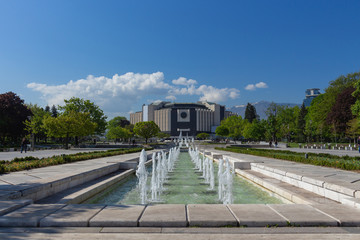 National Palace of Culture, Sofia - Bulgaria: Sunny morning at fountains and gardens 