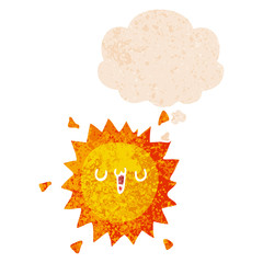 cartoon sun and thought bubble in retro textured style