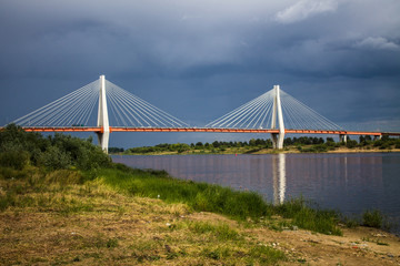 A large cable-stayed bridge over the Oka river in Murom, Russia