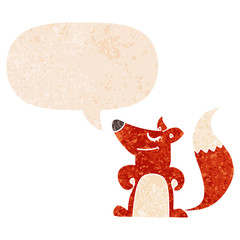 cartoon fox and speech bubble in retro textured style