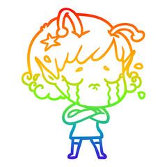 rainbow gradient line drawing cartoon crying alien girl