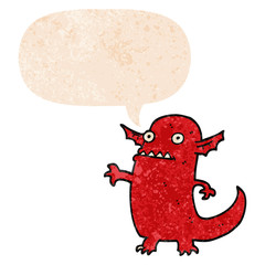 cartoon halloween monster and speech bubble in retro textured style