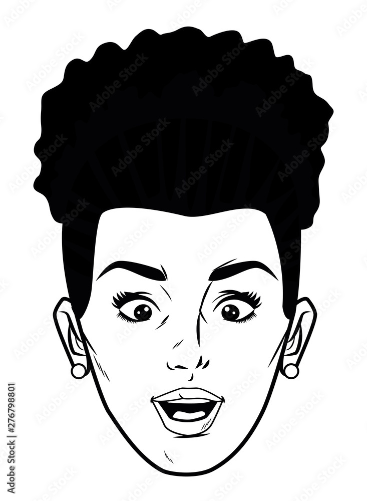 Wall mural young woman face avatar cartoon in black and white pop art