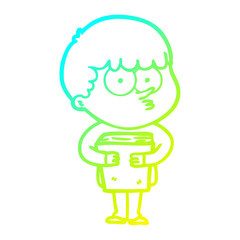 cold gradient line drawing cartoon curious boy holding a book