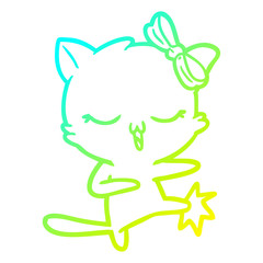cold gradient line drawing cartoon cat with bow on head