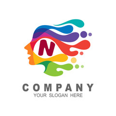 Face logo with letter N and people head logo, human face illustration,water drop. fast and speed