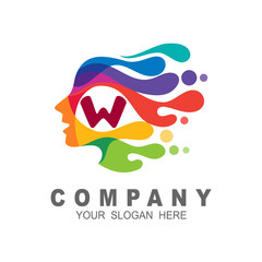Face logo with letter W and people head logo, human face illustration,water drop. fast and speed