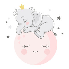 Vector hand drawn illustration of a cute baby elephant, sleeping on the pink moon.